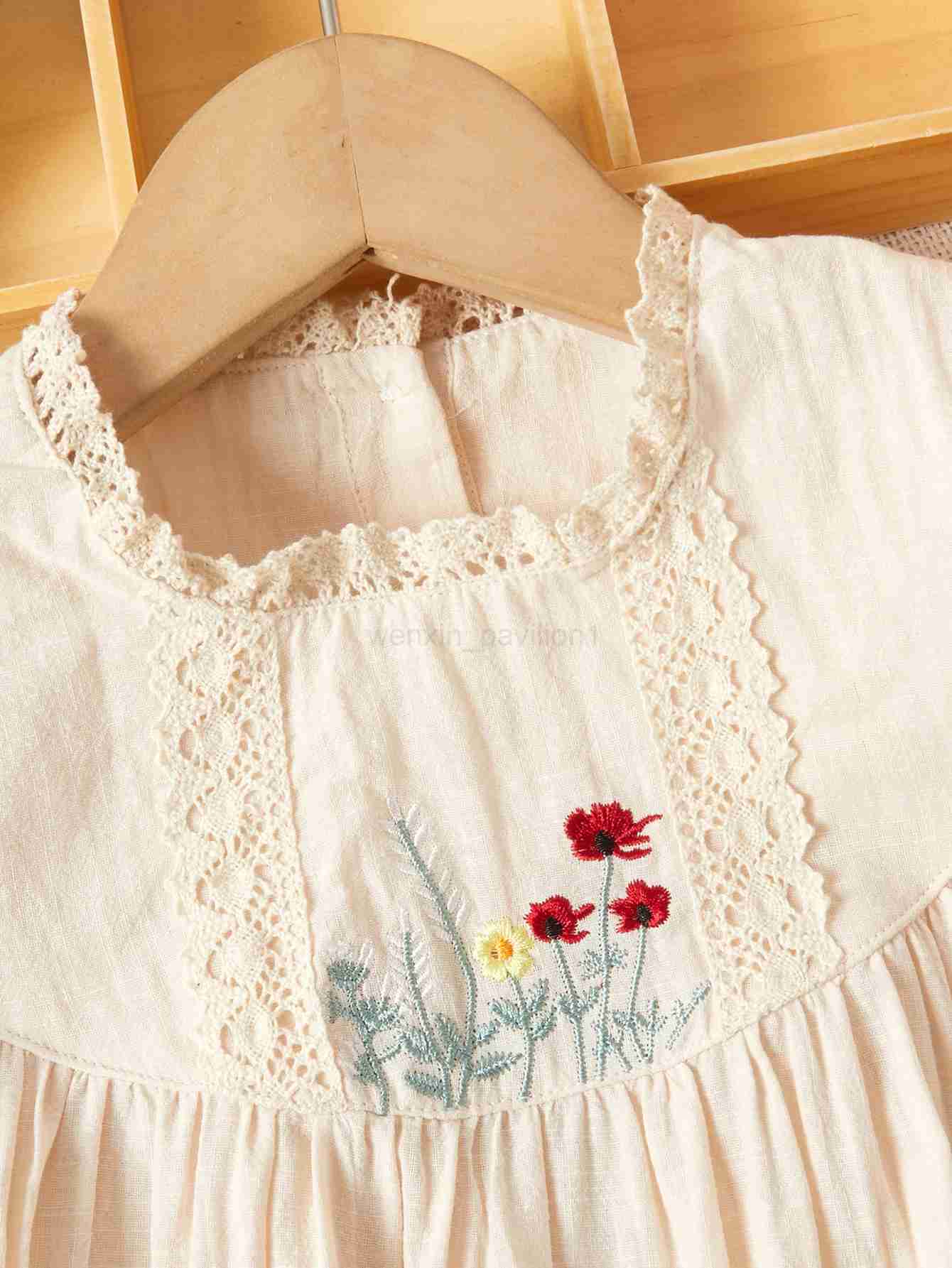 Girls Casual Embroidered Floral Dress Little Girls Fashion Birthday Gift Princess Dress Kids Pure Cotton Puffy Sleeve ClothesXJ240720