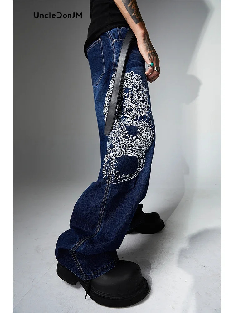 Embroidered Dragon Totem Jeans Hip Hop Baggy Jeans Streetwear Y2k Men's Jeans Loose Wide Leg Denim High Quality 240709