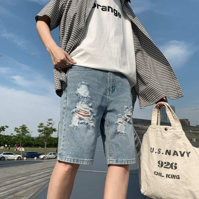 Broken hole casual five quarter summer Korean outdoor shorts teenage men's pants college style jeans
