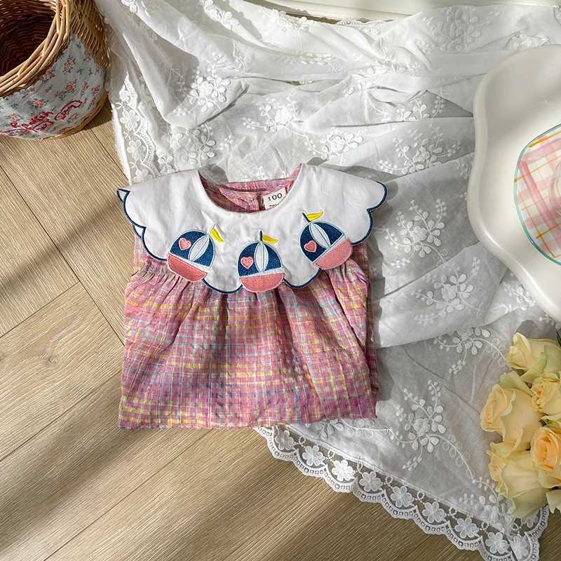 Rainbow Plaid Sailboat Navy Style Girl Dress 2024 Summer New Preppy Style Sweet SleevelessXJ240720