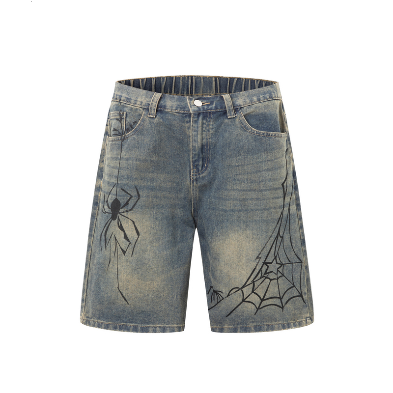 Summer spider print denim shorts men's loose mid length American casual six quarter pants