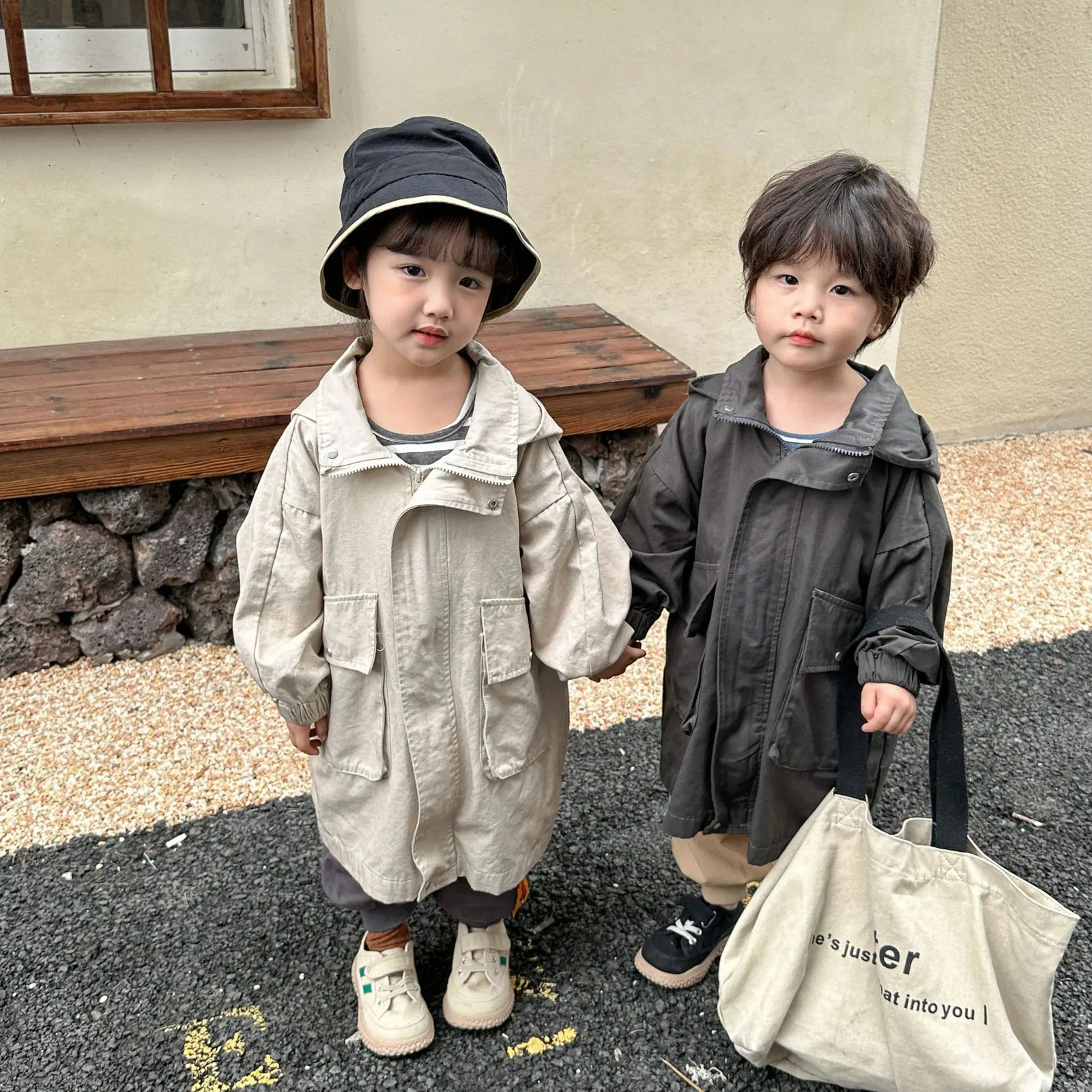 deer jonmi Spring Children Long Jackets Hooded Korean Style Loose Casual Windbreaker Solid Color Kids Coats 240716