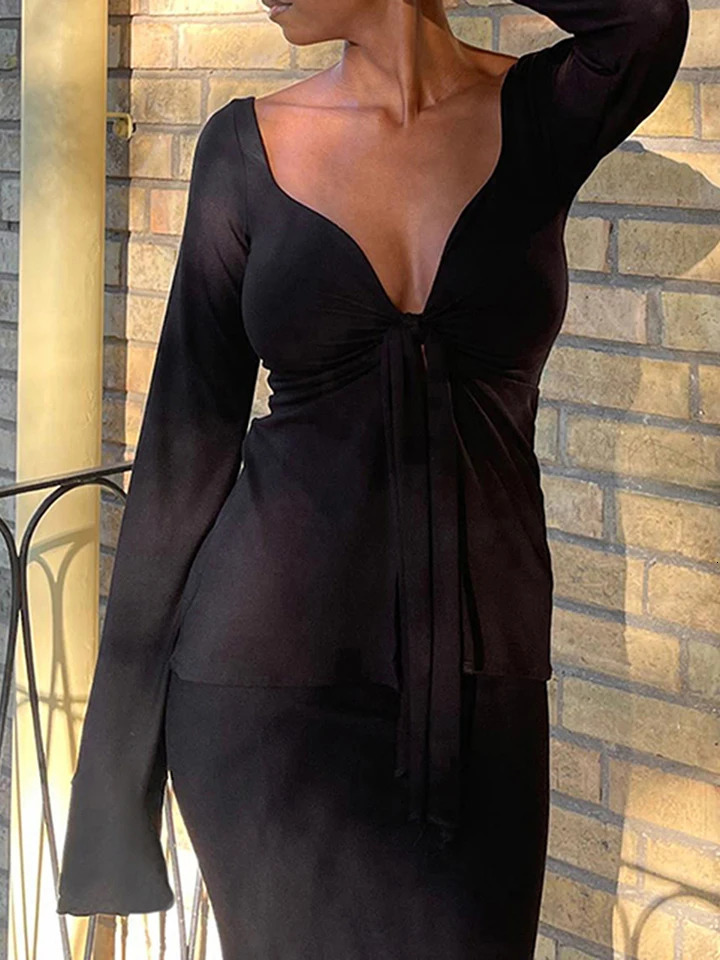Women Long Sleeve TShirts Solid Color VNeck Front Tie Knot Casual Shirts Fall Winter Fashion Slim Fit Tops 240716