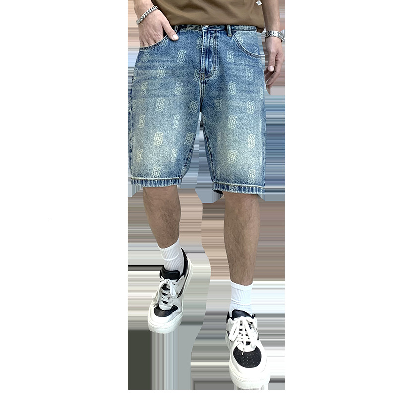 Quality printed denim shorts for men's summer new style, loose and versatile, trendy Korean version five quarter pants
