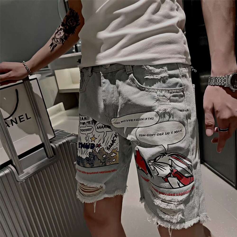 Cowboy shorts men's trendy brand ins ripped five pants Korean version loose summer thin style beggar 5 cent hip-hop 4