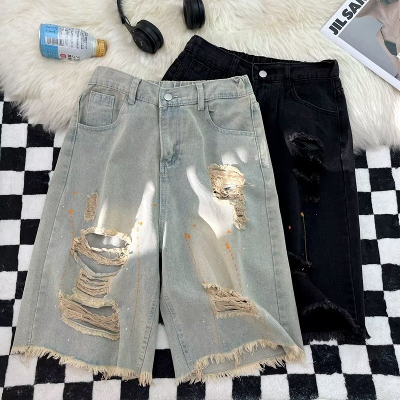 Hairy ripped denim shorts, men's American ins, summer washed and worn pants, straight leg trendy brand high street five quarter pants