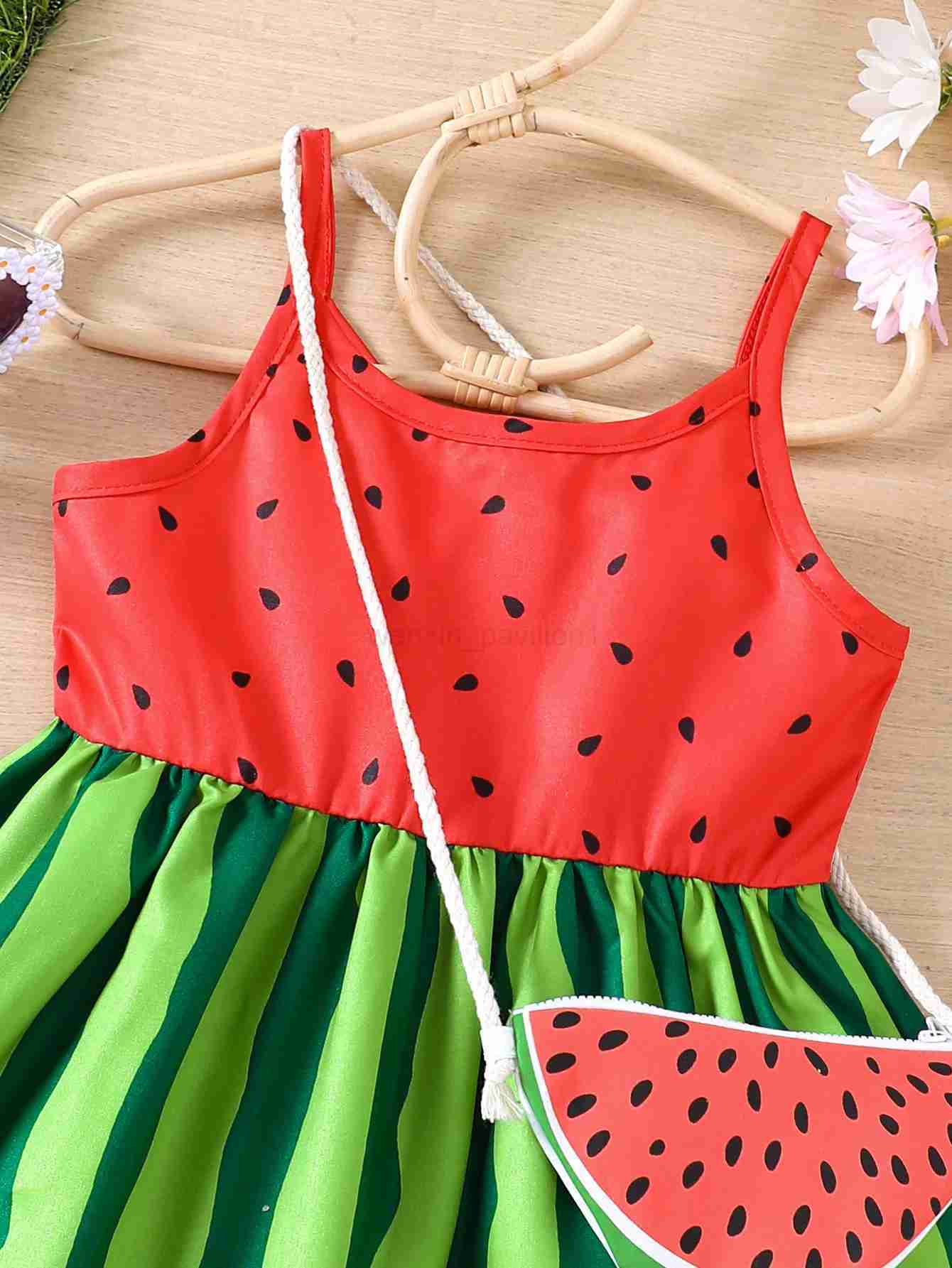 Girls new summer casual vacation style trend watermelon style printed dress + with watermelon satchelXJ240720