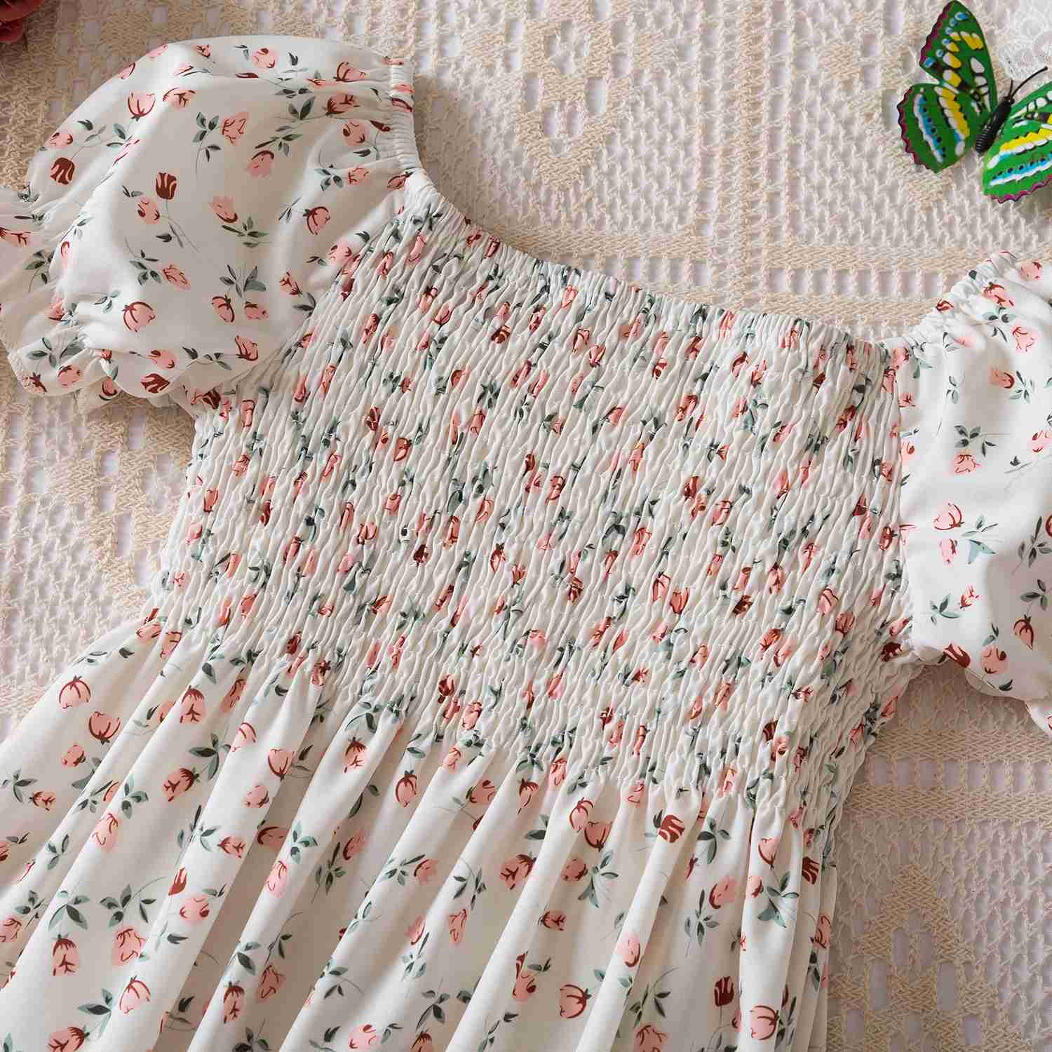 Girls Dresses 2024 Summer New Baby Girls Floral Short Sleeves Dress 3-7Yrs Children Clothes Holiday Casual Kids Printed ClothingXJ240720