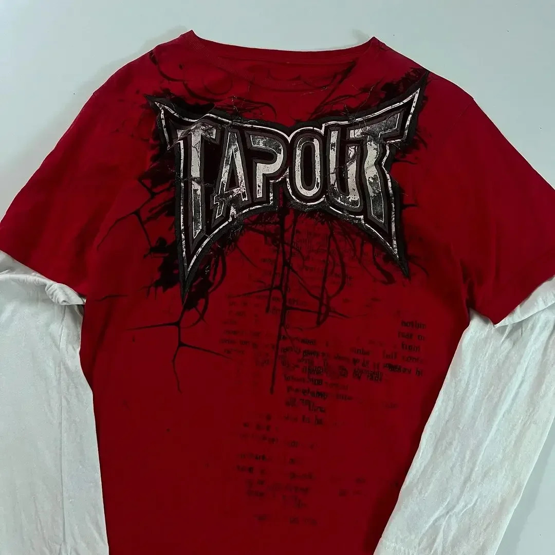 Y2K Mens Hip Hop Red Collar Printed Round Neck Long Sleeve Casual Gothic Clothing Top 240718