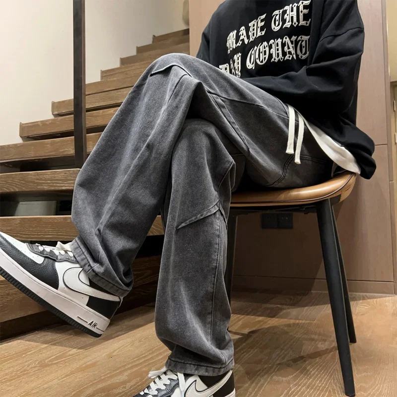 Hip Hop Fashion Drawstring Jeans Mens Streetwear Vintage Wide Leg Straight Denim Trousers Y2K Baggy Pantalones Hombre 240716