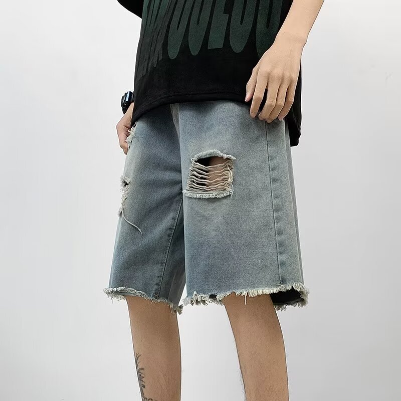 Ragged and perforated denim shorts, men's summer thin casual beggar pants, high street fashion trendy brand loose five part pants