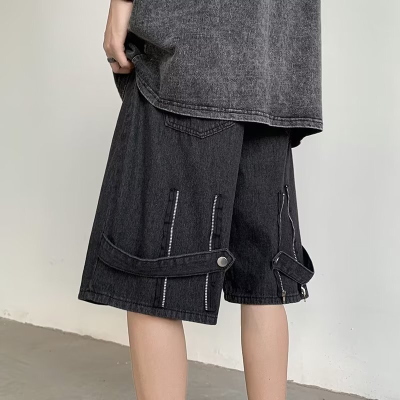Workwear denim men's summer thin mid length shorts American street versatile loose straight five quarter pants