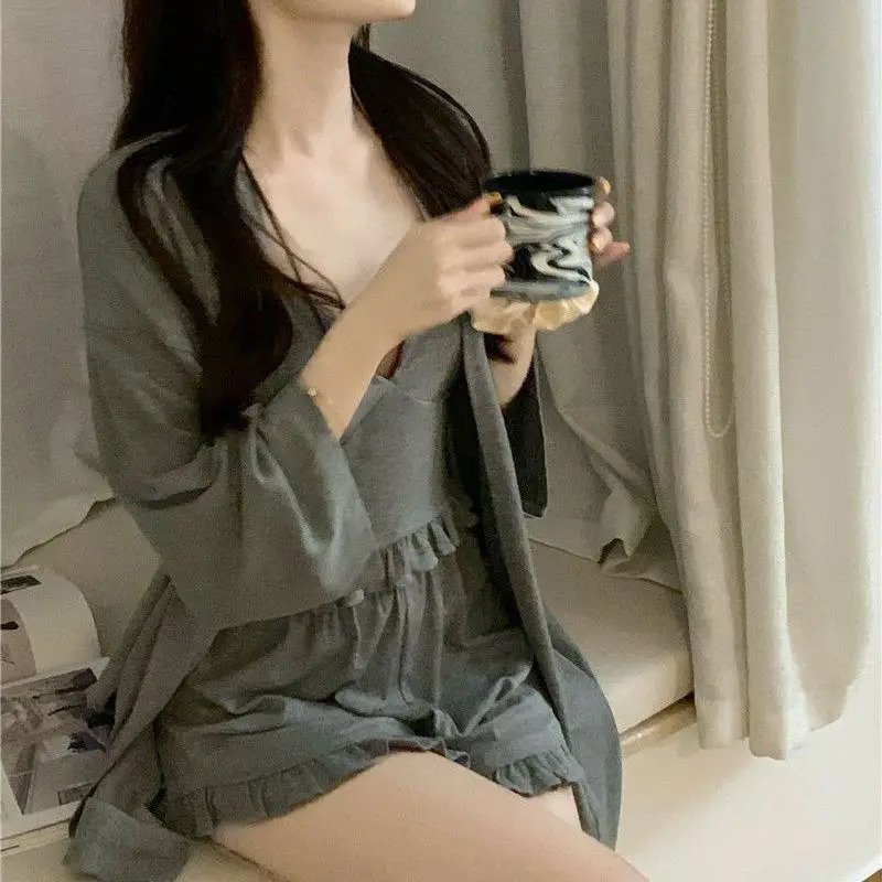 Women Spring Summer 3 Pcs Pajams Gown Set Female Sweet Geometric Printed Robe Top Pants Home Clothing Casual Loose Nightdress 240712