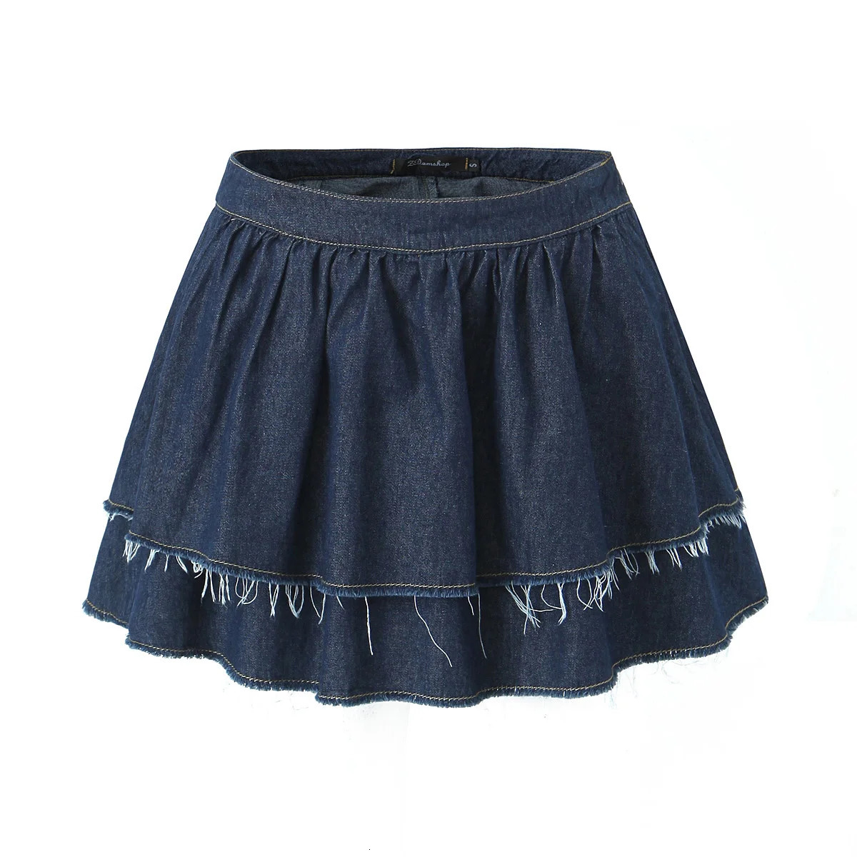 Sexy Slash Collar Navy Denim Crop Top Women High Waist 2 Layers Swing Fringed Hem Mini Skirt Suits 2 pieces 1 Set 240715