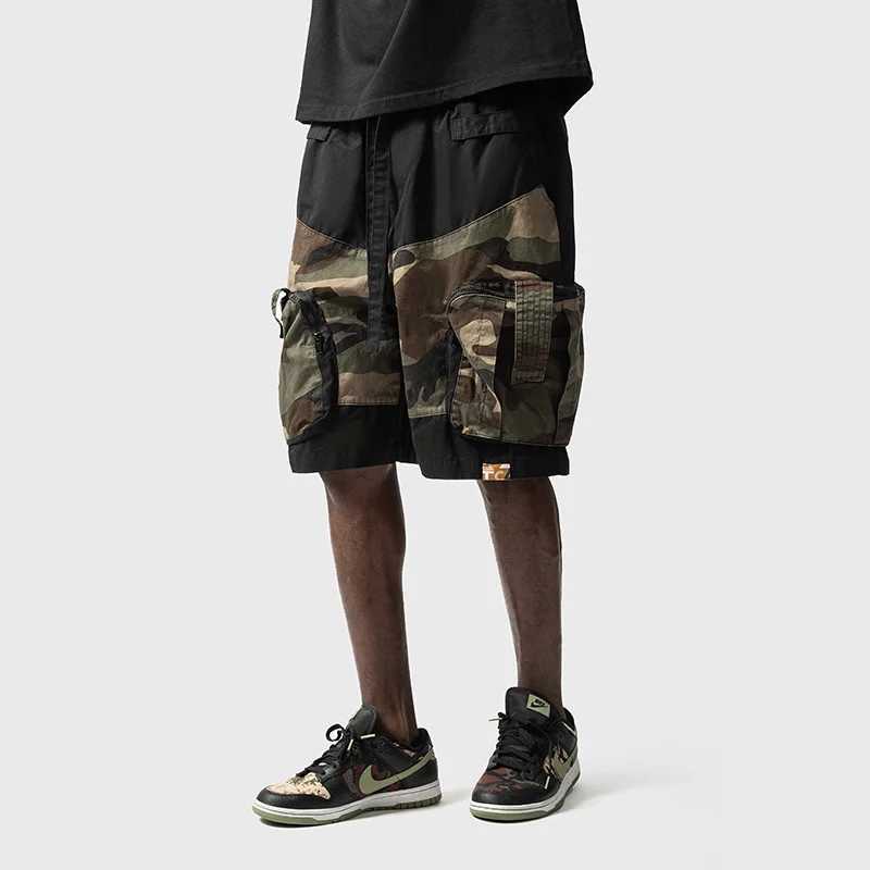 Summer Street Multi Pocket Camouflage Patchwork Mens Camo Shorts Pants Retro High Street Male Wide Leg Five Point Cargo Pants M240720