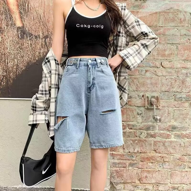 Denim shorts men in summer, thin cut for women, ripped five quarter loose split pants, trendy brand