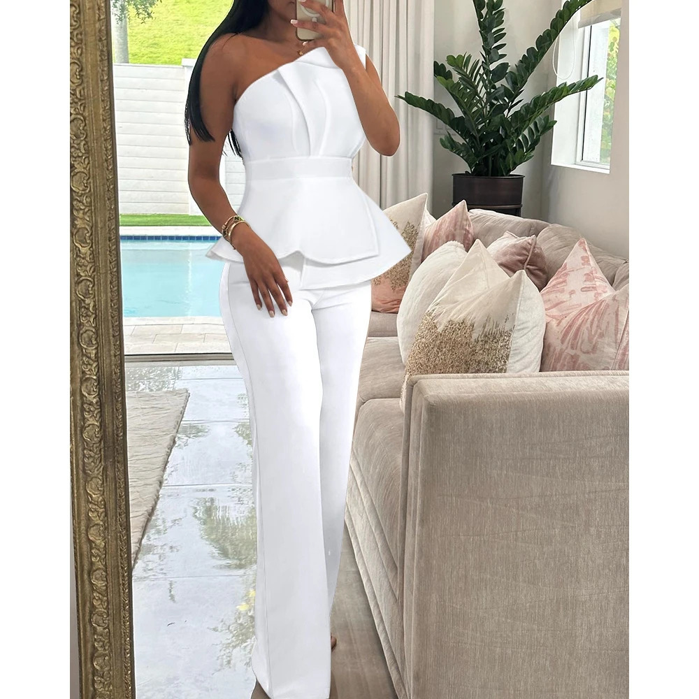 Womens one shoulder pleated top straight leg pants set elegant solid color twopiece office suit y2k clothing 240718