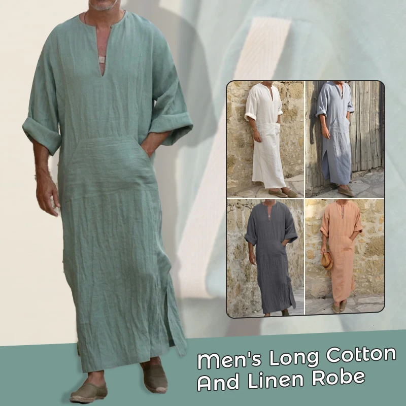Mens Arab Muslim Long Robe Shirt Casual Loose Long Sleeves Male Pocket Kaftan Robe Cotton Linen Button Plain Robes Plus Size 5XL 240715