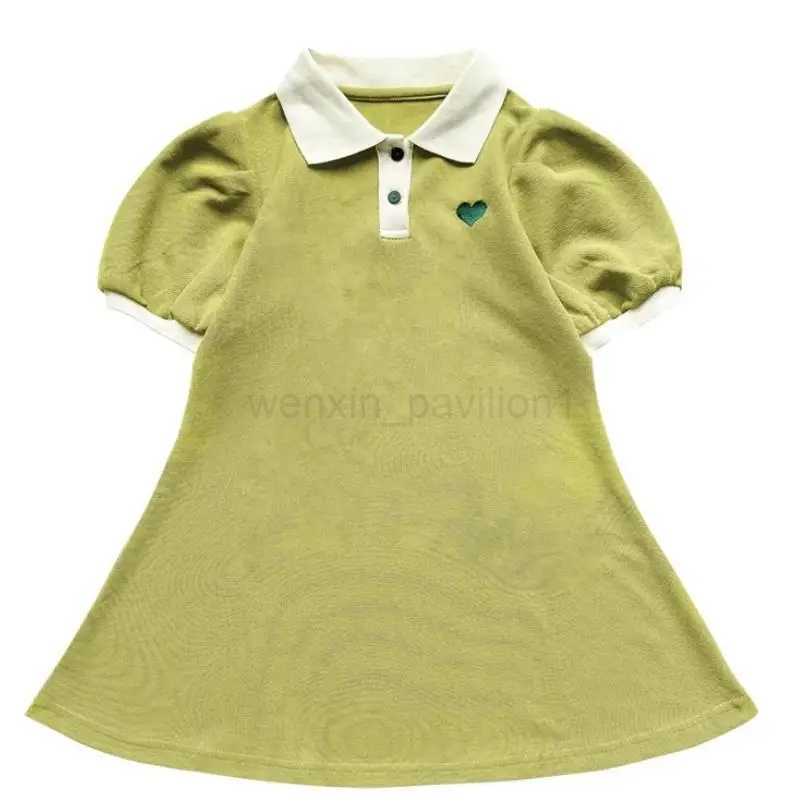 2024 New Childrens Dress Korean Edition Girls Summer Bubble Sleeves Flip Collar Love Dress 1-10 Year Old Casual Princess DressXJ240720