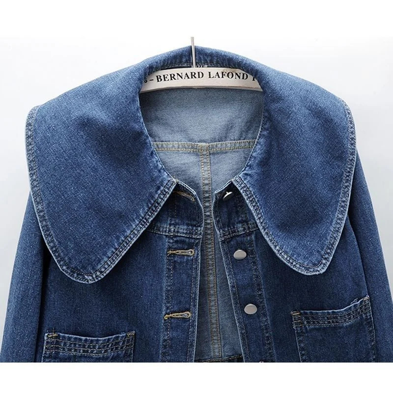 Women Denim Jackets Korean Sailor Collar Fashion Long Sleeves Button Jean Coat Vintage Crop Female Casual Loose Outwear 240717