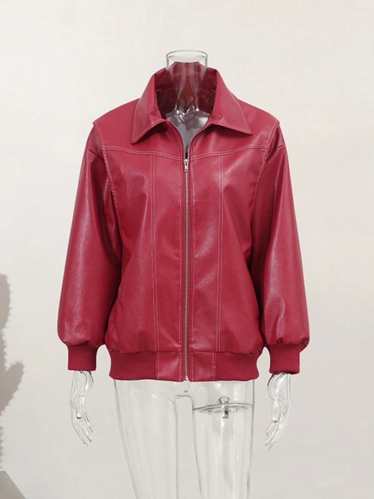 Women Wine Red Patchwork Zipper Leather Rider Coat Casual Long Sleeve Lapel Fly Cropped Jacket Vintage Autumn Fashion Outerwear 240715