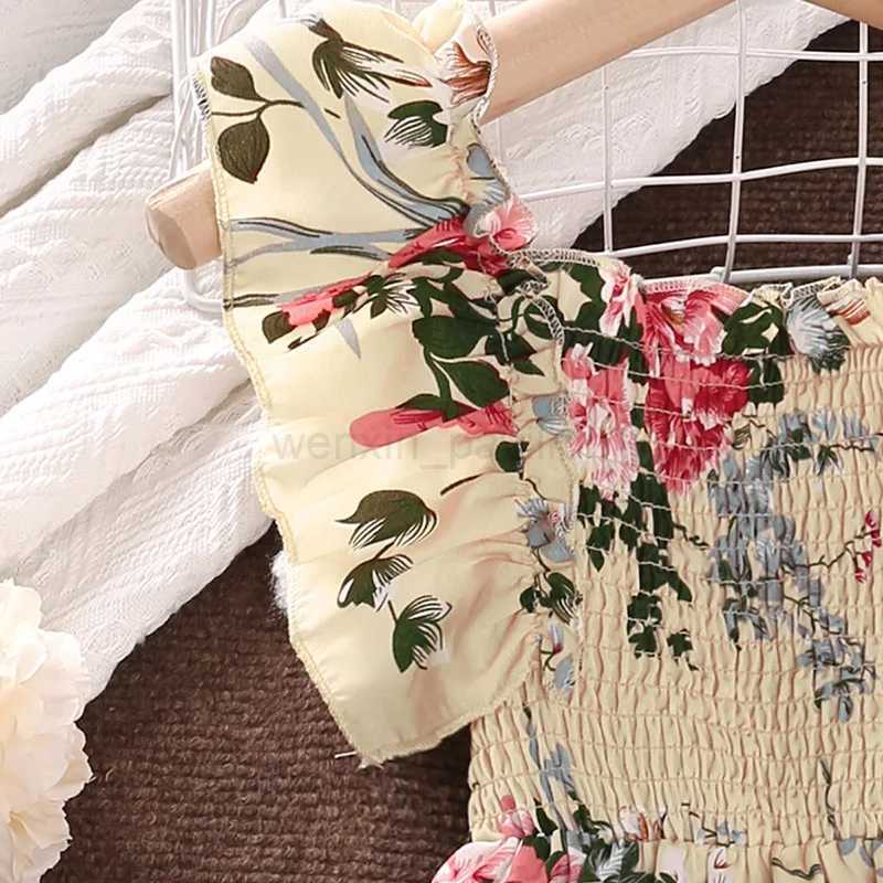 Summer Girls Long Skirt Polyester Square Collar Suspender Sleeveless Lace Play Smocking A-line Print Dress Pleated ComfortableXJ240720