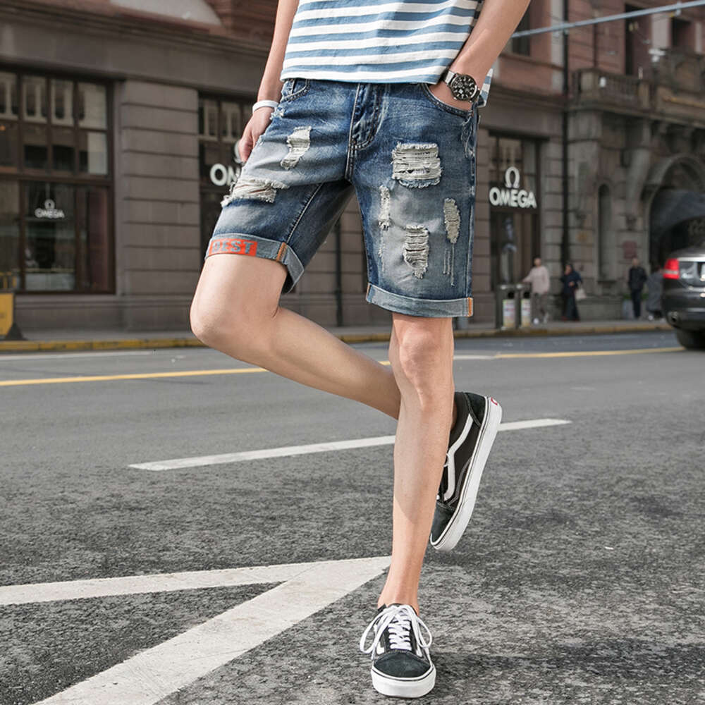 Summer thin ripped shorts trendy five quarter men's denim horse loose casual mid pants men