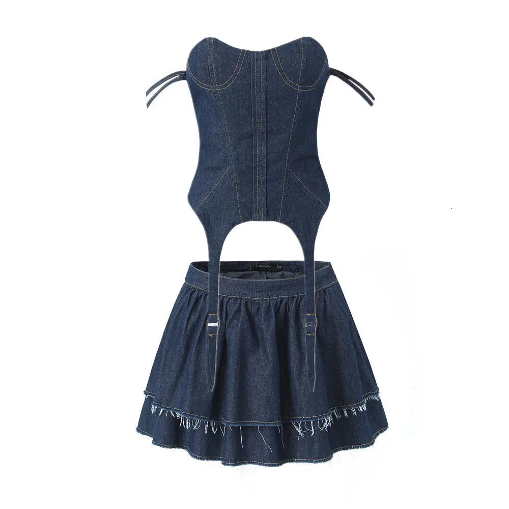 Sexy Slash Collar Navy Denim Crop Top Women High Waist 2 Layers Swing Fringed Hem Mini Skirt Suits 2 pieces 1 Set 240715