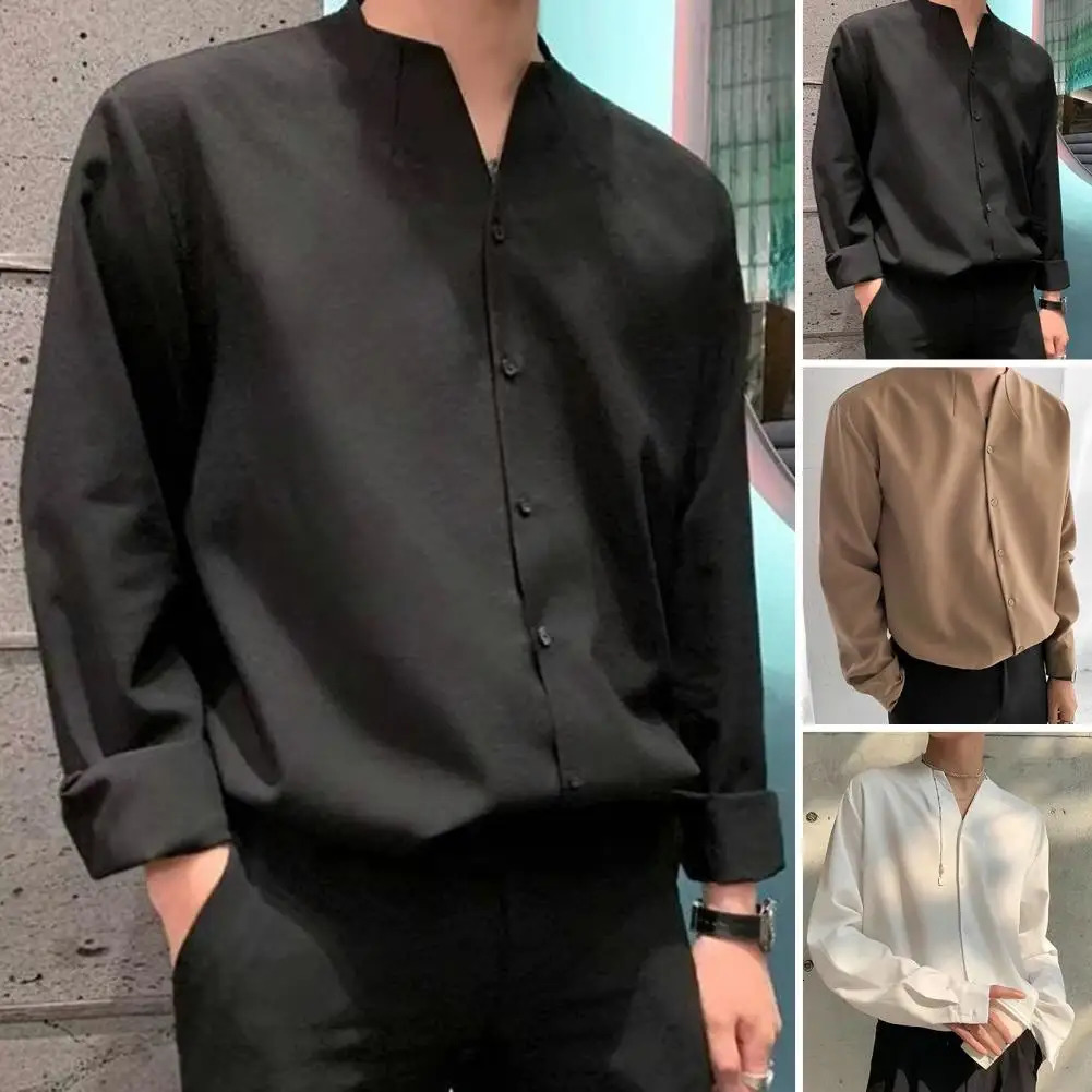 Stylish Casual Shirt AntiPilling Autumn Loose Fit Solid Work Collarless Colorfast Men Daily Clothing 240716