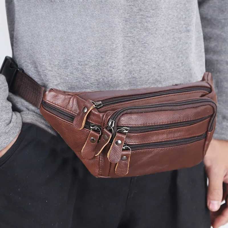 Large Capacity Waterproof Real Genuine Leather Mens Waist Bag Cowhide Male Zipper Site Workers Travel Phone BagXJ240720