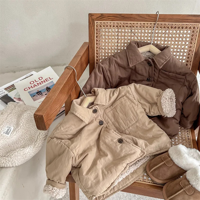 deer jonmi Winter Children Fleece Lining Thicken Warm Outerwear Solid Color Korean Style Toddlers Kids Casual Coats 240716