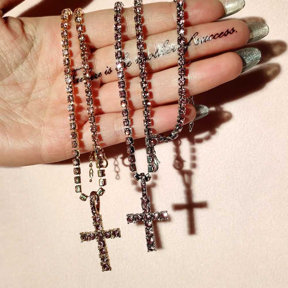 Pendant Necklaces Ins Hip Hop Crystal Ankh Cross Pendant Necklace Womens Tennis Chain Pink Water Diamond Multi Layer Butterfly Necklace Party Jewelry 