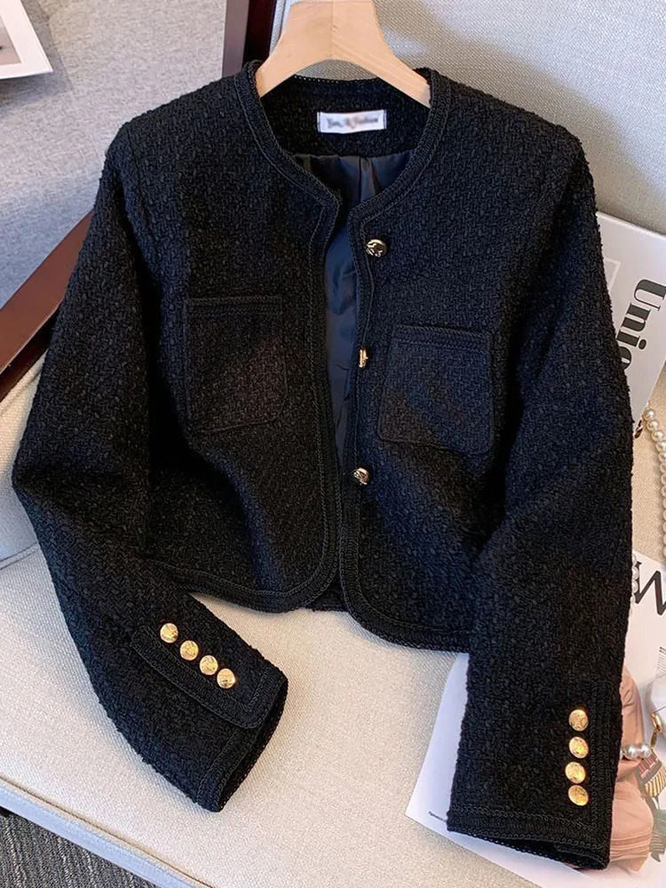 Women O-neck Tweed Cropped Woolen Jackets Korean Single Breasted Wool Blend Tops Coats Spring Fall Casual Short Chic Abrigos 240712