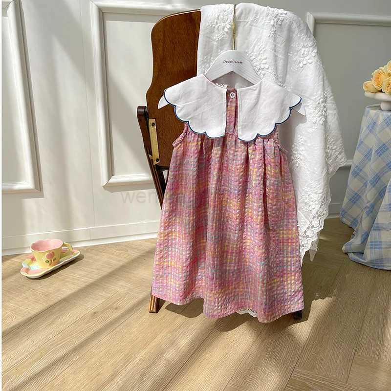 Rainbow Plaid Sailboat Navy Style Girl Dress 2024 Summer New Preppy Style Sweet SleevelessXJ240720