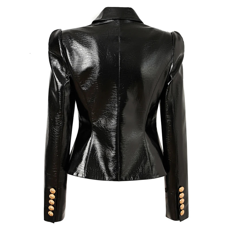 FW womens black pu leather shiny shrug slim small suit high quality y2k Korean style button decorated temperamentJacket 240717