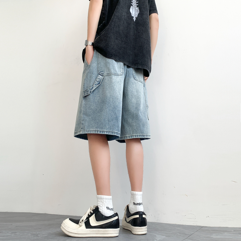 Denim summer fashion label, loose casual shorts, men's American five part pants, trendy