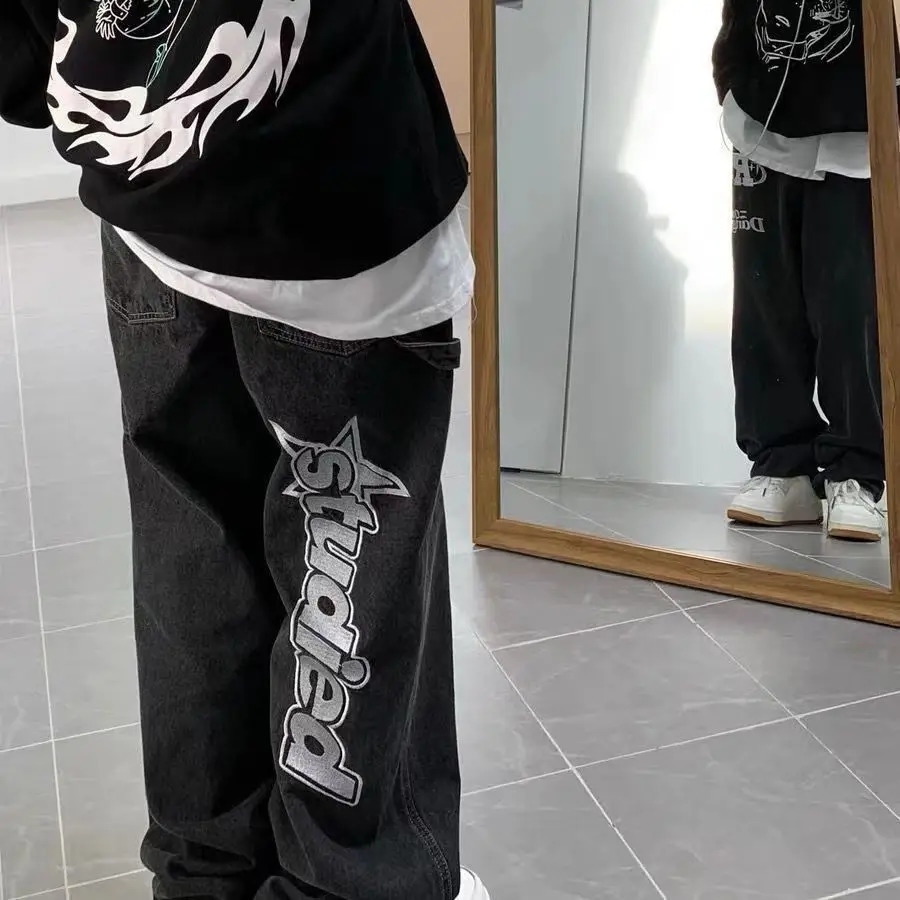 s Retro Embroidery Jeans Streetwear Baggy Slouchy Jeans Clothes Men Y2k High Quality Loose Straight Wide Leg Pants 240716