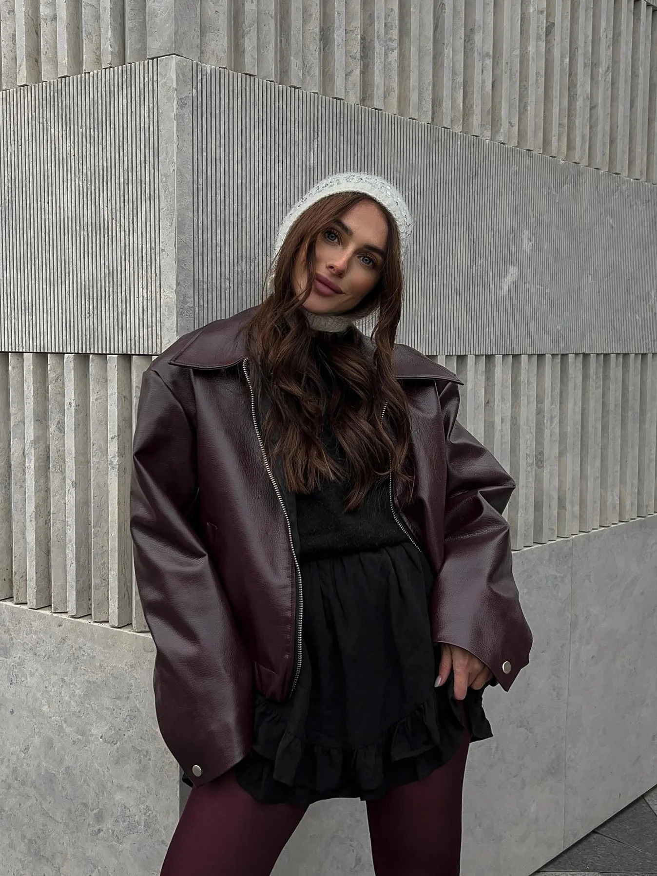 Women Wine Red Patchwork Zipper Leather Rider Coat Casual Long Sleeve Lapel Fly Cropped Jacket Vintage Autumn Fashion Outerwear 240715