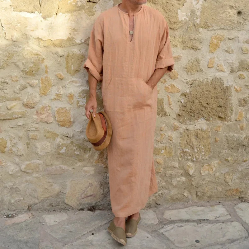 Mens Arab Muslim Long Robe Shirt Casual Loose Long Sleeves Male Pocket Kaftan Robe Cotton Linen Button Plain Robes Plus Size 5XL 240715