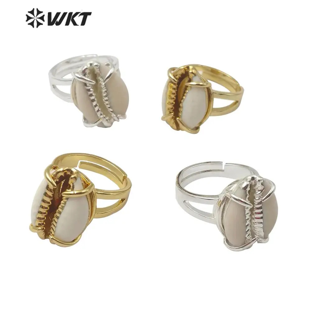 WT-R349 WKT Beautiful Adjustable Size Gold Prong Setting Cowrie Ring Lady Fashion Natural Sea Shell Procurement Accessories 240713