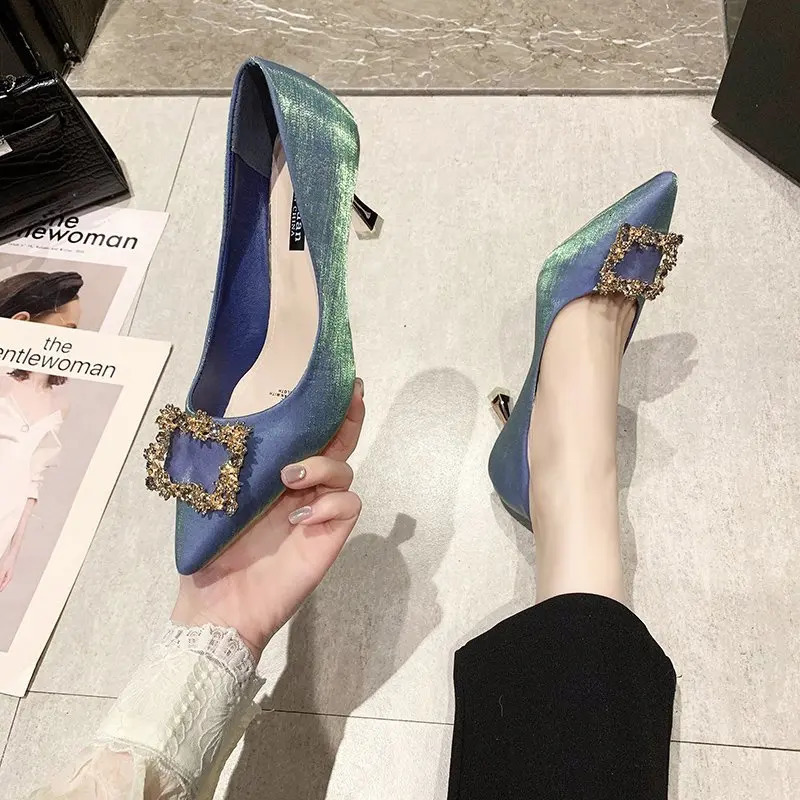 Sequined Rhinestone Beige Wedding Shoes 7cm High-heeled Shoes Women's Thin Heels Sexy Pumps Women Shoes Female Bride Summer 240708