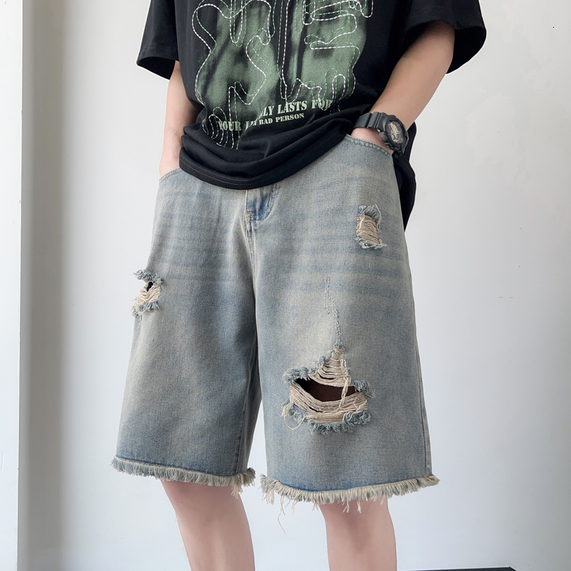 Ripped denim shorts for men, thin, loose, fringed casual pants, American high street five quarter pants
