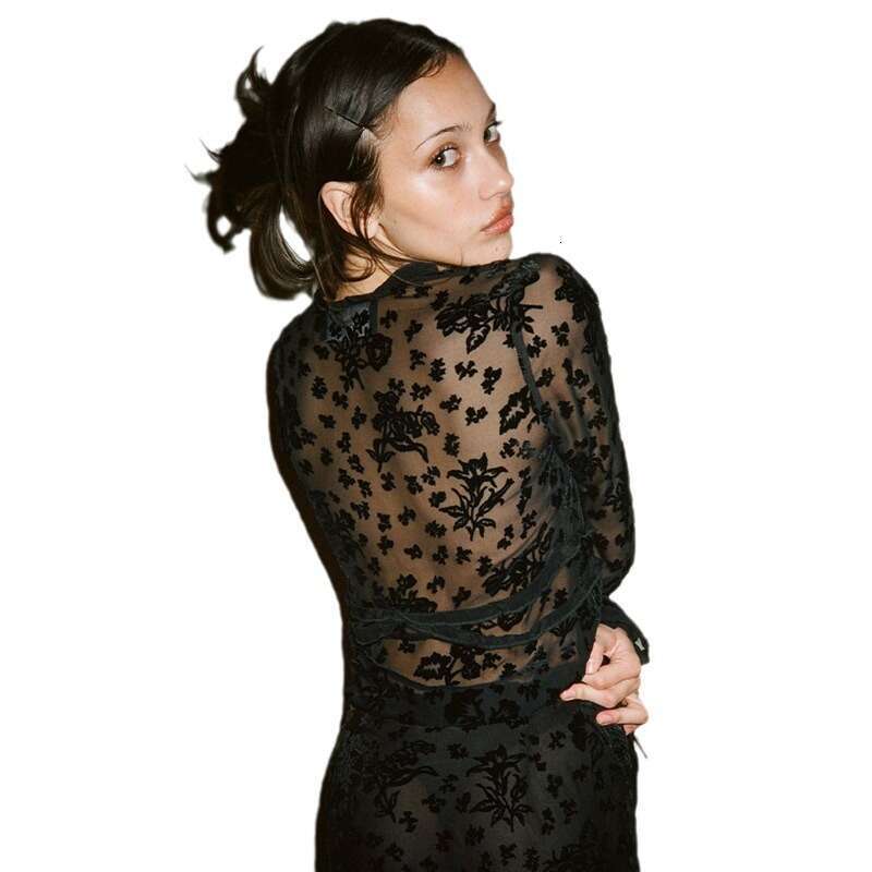 Summer New Silk Plush Velvet Printed Sexy Half Perspective Strap Long Sleeve Top for Women Temperament Bifurcated Silk Dress SKINNY DRESS