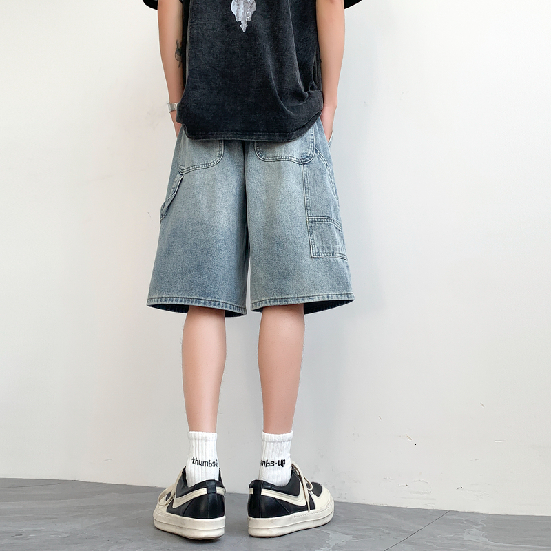 Denim summer fashion label, loose casual shorts, men's American five part pants, trendy