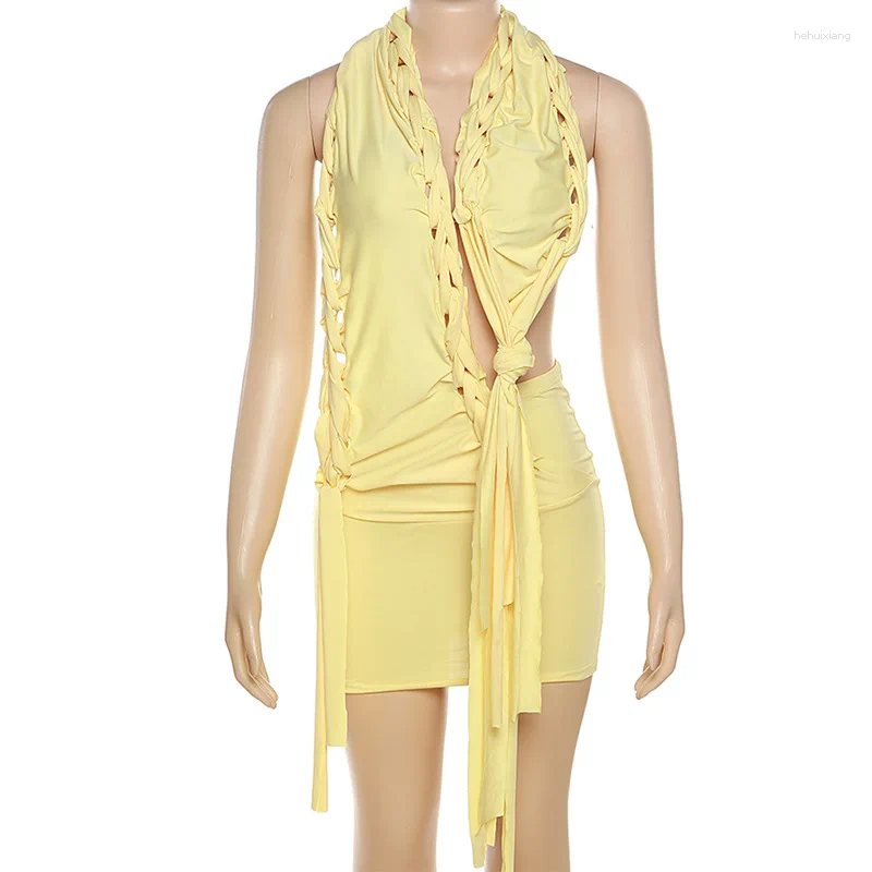 casual dresses boozrey hollow dress women sexy knot sleeveless backless halter mini bodycon summer fashion birthday party chic y2k clubwear