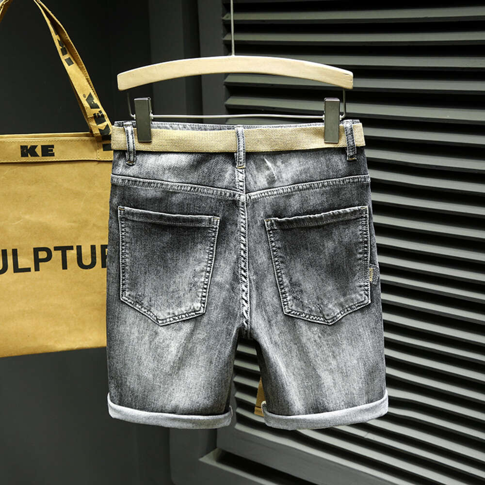Trendy denim men's 2024 summer new high-end light luxury embroidered elastic shorts with belt