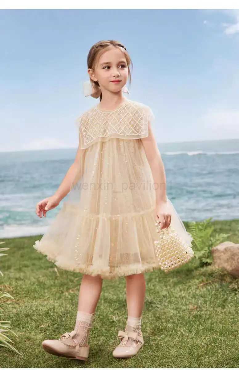 Girls Summer Light Luxury Mesh Dress Little Girl Pearl Neck Sequin Princess Tutu Dress 6-15YXJ240720