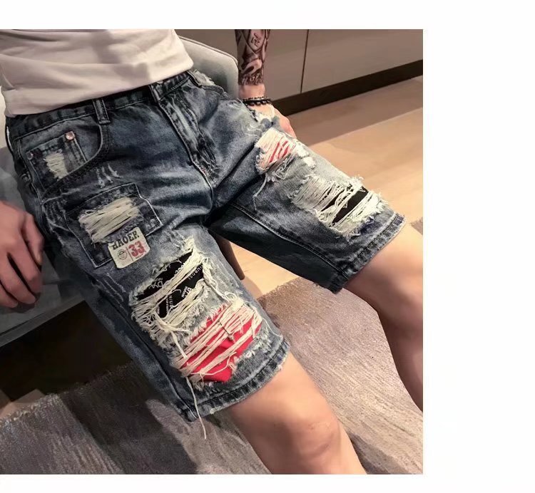 Summer thin denim shorts men's loose cropped pants, casual oversized elastic waist with holes, stretch Korean version for external wear