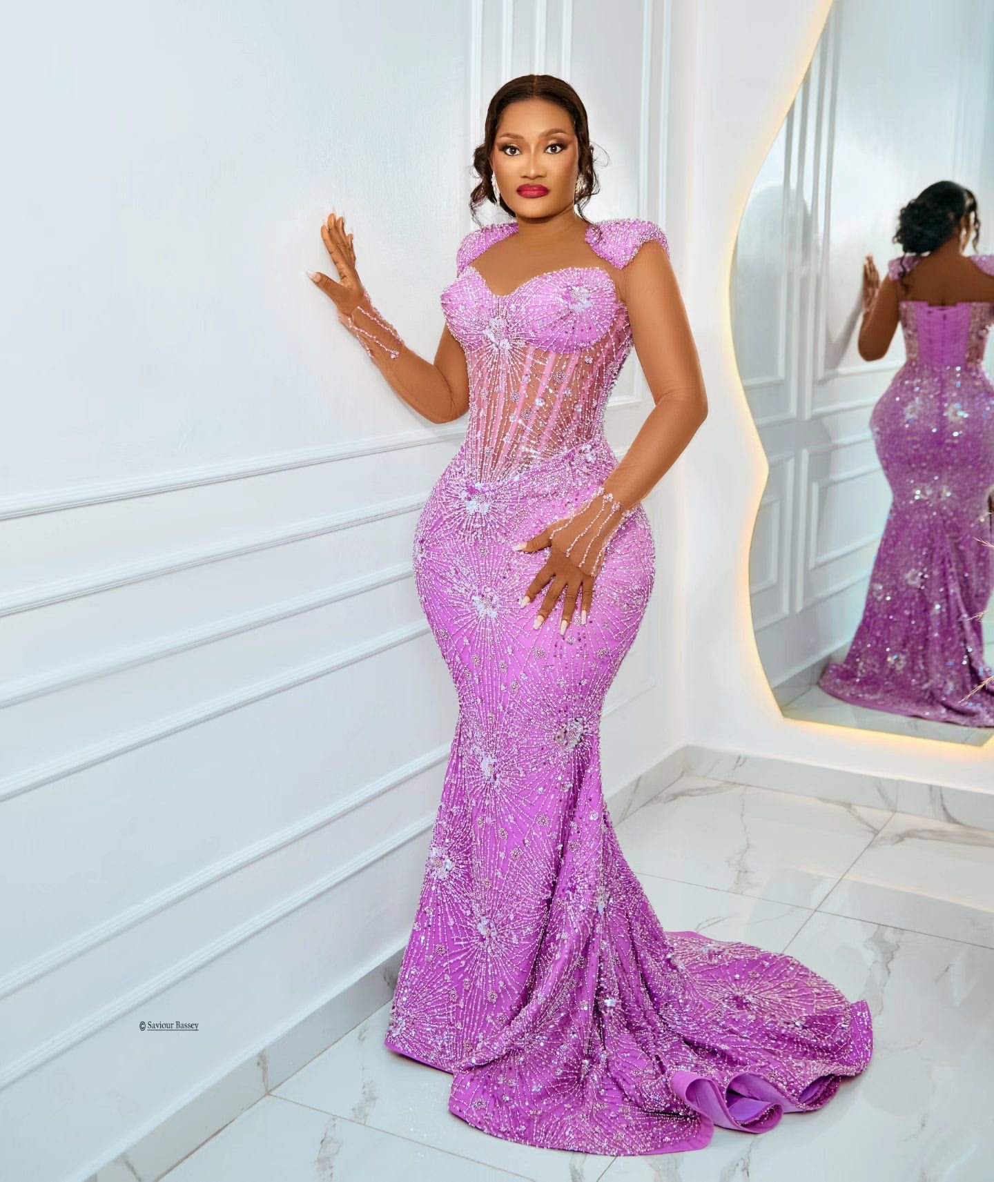 2024 Plus Size Lilac Mermaid Prom Dress Fulllace Promdress Beaded Full Sleeves Evening Formal Party Second Reception Birthday Engagement Gowns Dresses