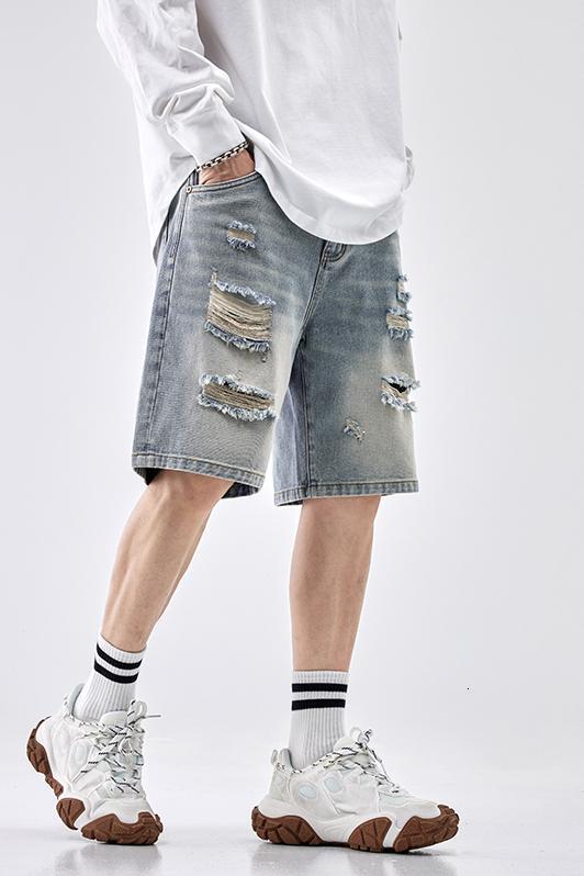 Summer ripped denim shorts for boys, loose and outerwear, cropped pants, trendy brand plus size mid length pants